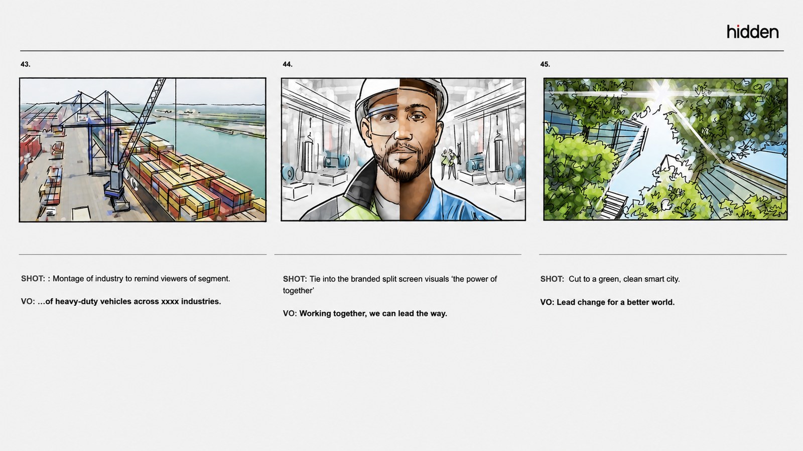 ABB storyboard — engineers on iPad, e-bus charging system, wide shot of e-bus with powertrain overlay